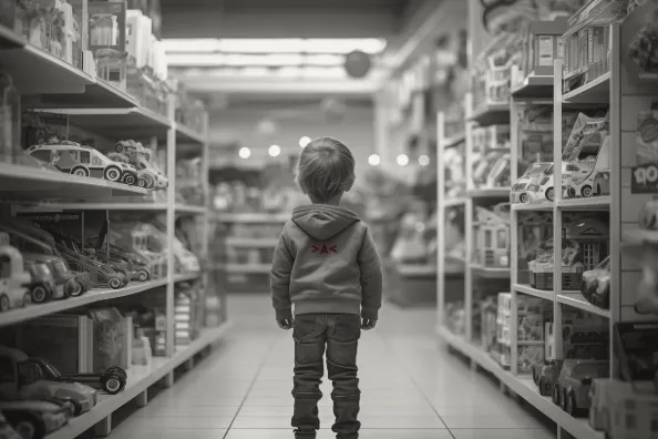 Enfant entouré de jouets ne sachant lequel choisir